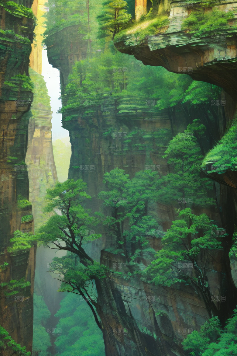 雄伟景观鸟翔山间山石树木间的壮丽与宁静