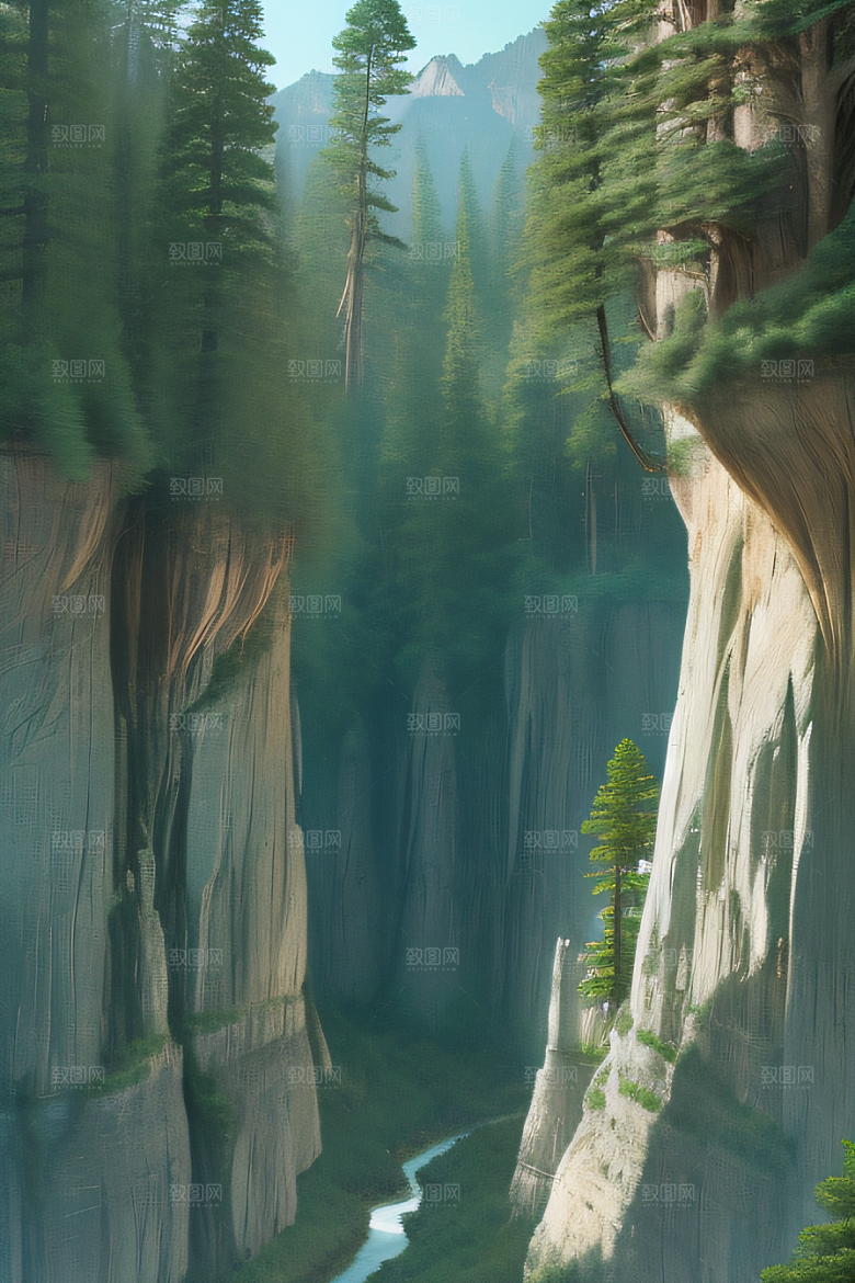 鸟鸣大峡谷山石巍峨树木掩映的宁静景观