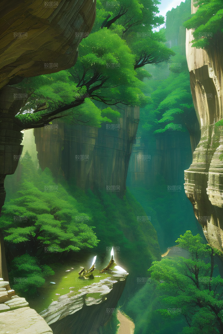 鸟鸣大峡谷山石巍峨树木掩映的宁静景观