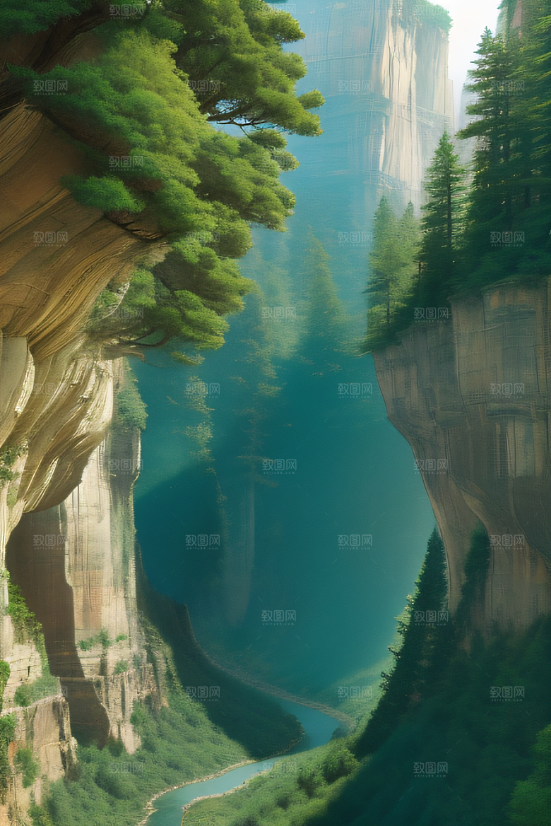鸟鸣大峡谷山石巍峨树木掩映的宁静景观