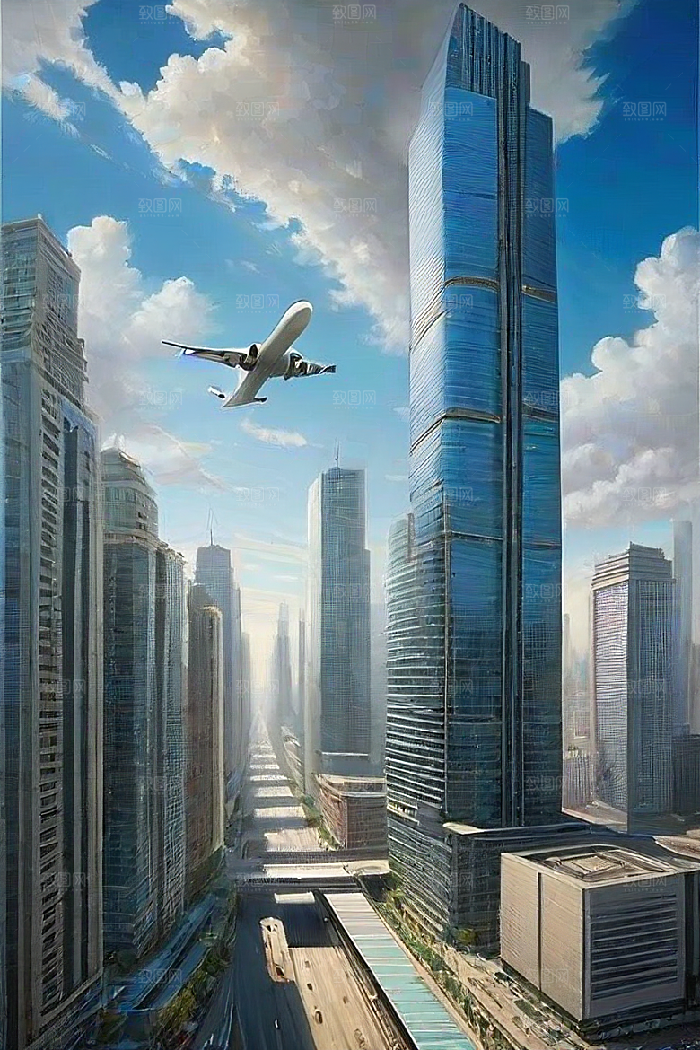 城市飞行高楼大厦与飞机的动感之旅