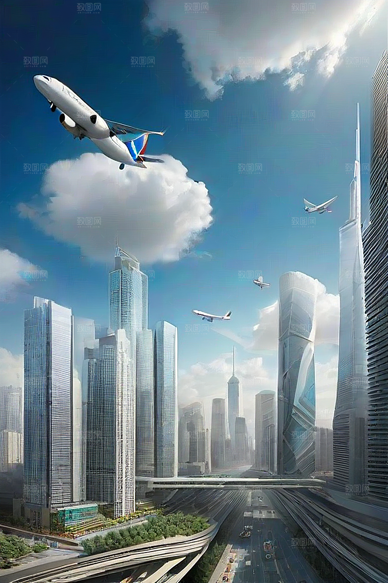 城市飞行高楼大厦与飞机的动感之旅