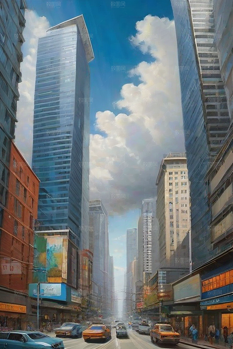 飞翔摩天都市景观中的高楼大厦与飞机
