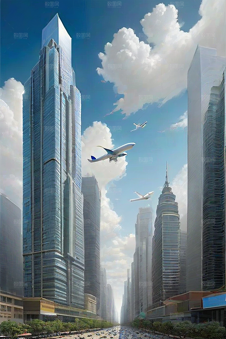 飞翔摩天都市景观中的高楼大厦与飞机