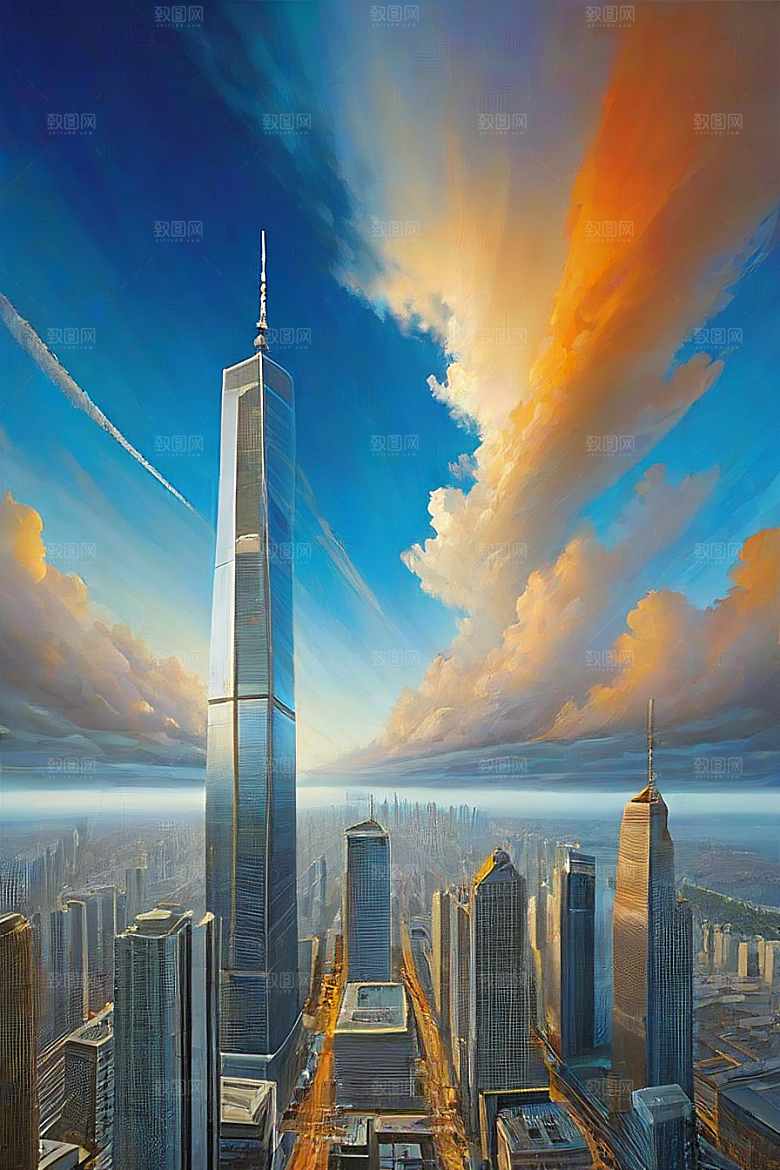 飞翔摩天都市景观中的高楼大厦与飞机