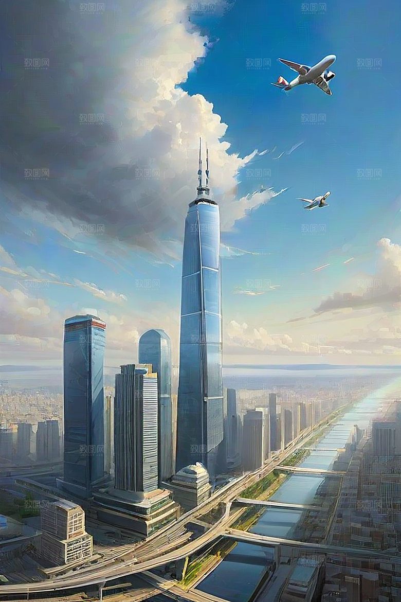 飞翔摩天都市景观中的高楼大厦与飞机