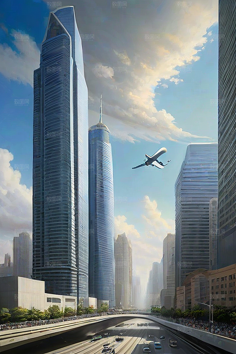 飞翔摩天都市景观中的高楼大厦与飞机