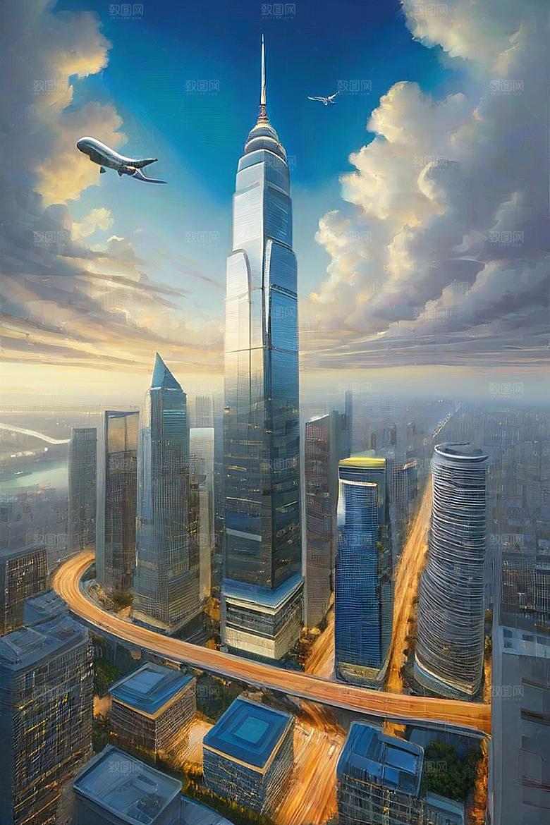 飞翔摩天都市景观中的高楼大厦与飞机