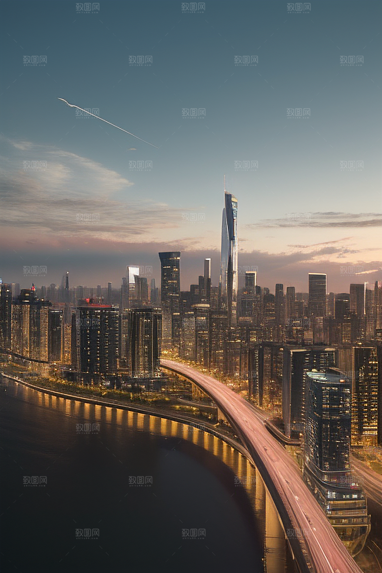 飞翔摩天都市景观中的高楼大厦与飞机