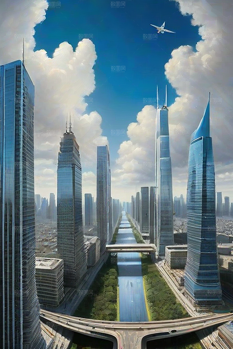 城市摩天高楼大厦与飞机的融合风景