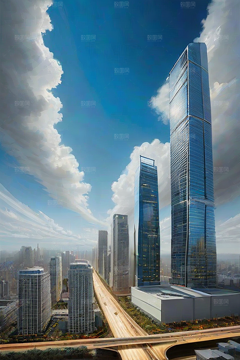 城市摩天高楼大厦与飞机的融合风景