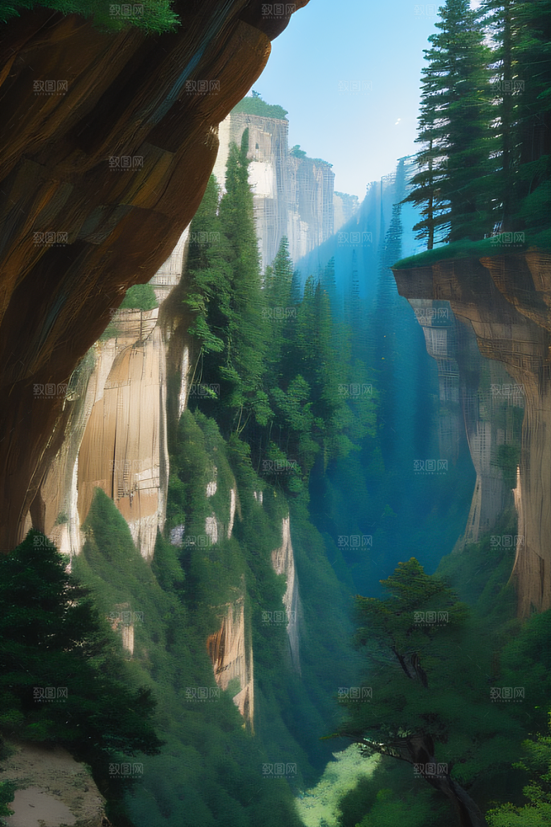 雄伟山谷鸟儿翱翔山石树木见证的壮丽景象