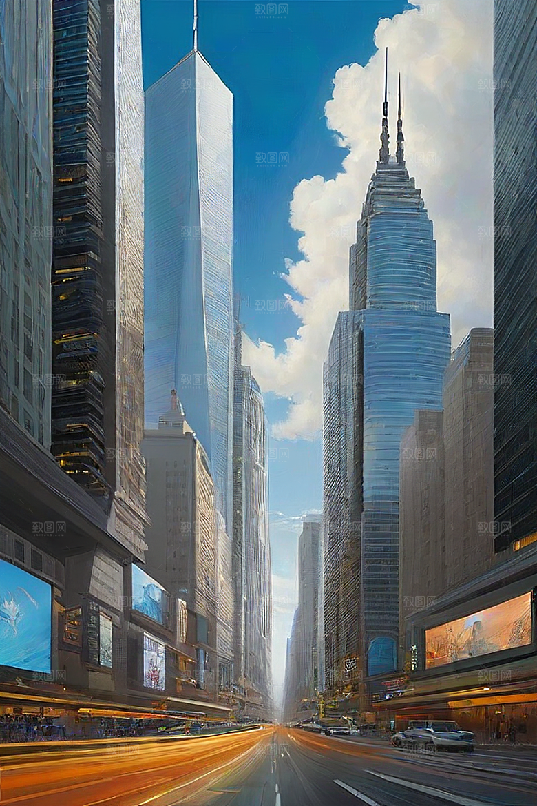 城市摩天高楼大厦与飞机的融合风景