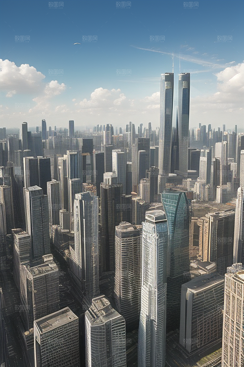 蓝天都市摩天楼与飞机构成的现代风景