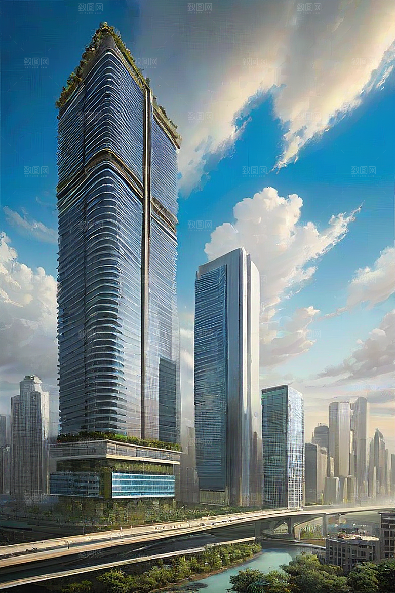 蓝天都市摩天楼与飞机构成的现代风景