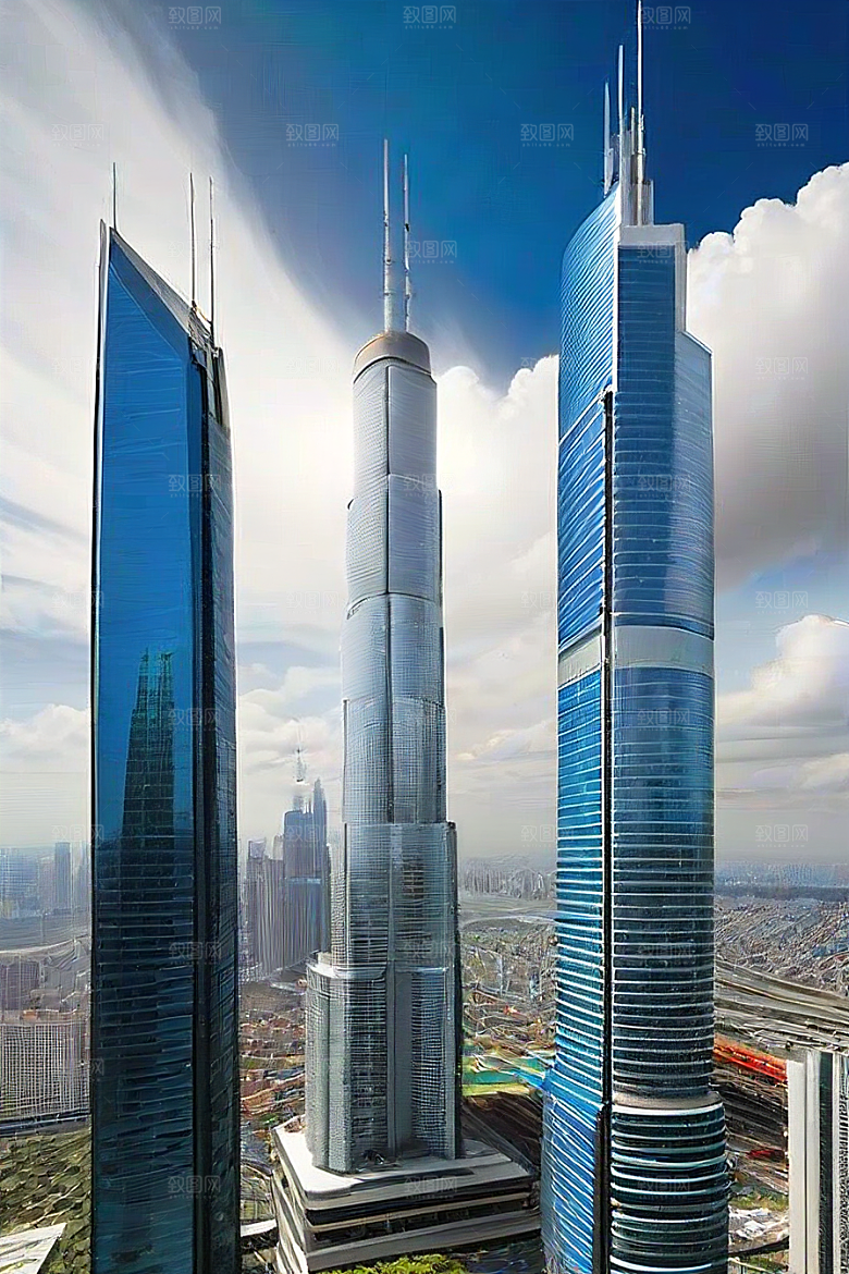 蓝天都市摩天楼与飞机构成的现代风景