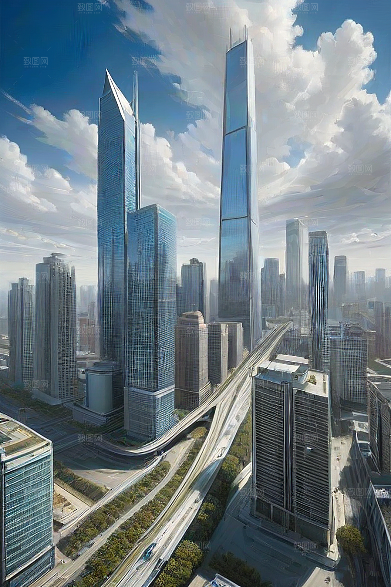 蓝天都市摩天楼与飞机构成的现代风景