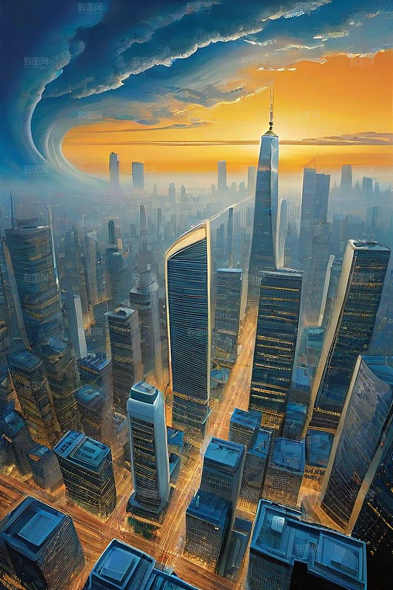 蓝天都市摩天楼与飞机构成的现代风景