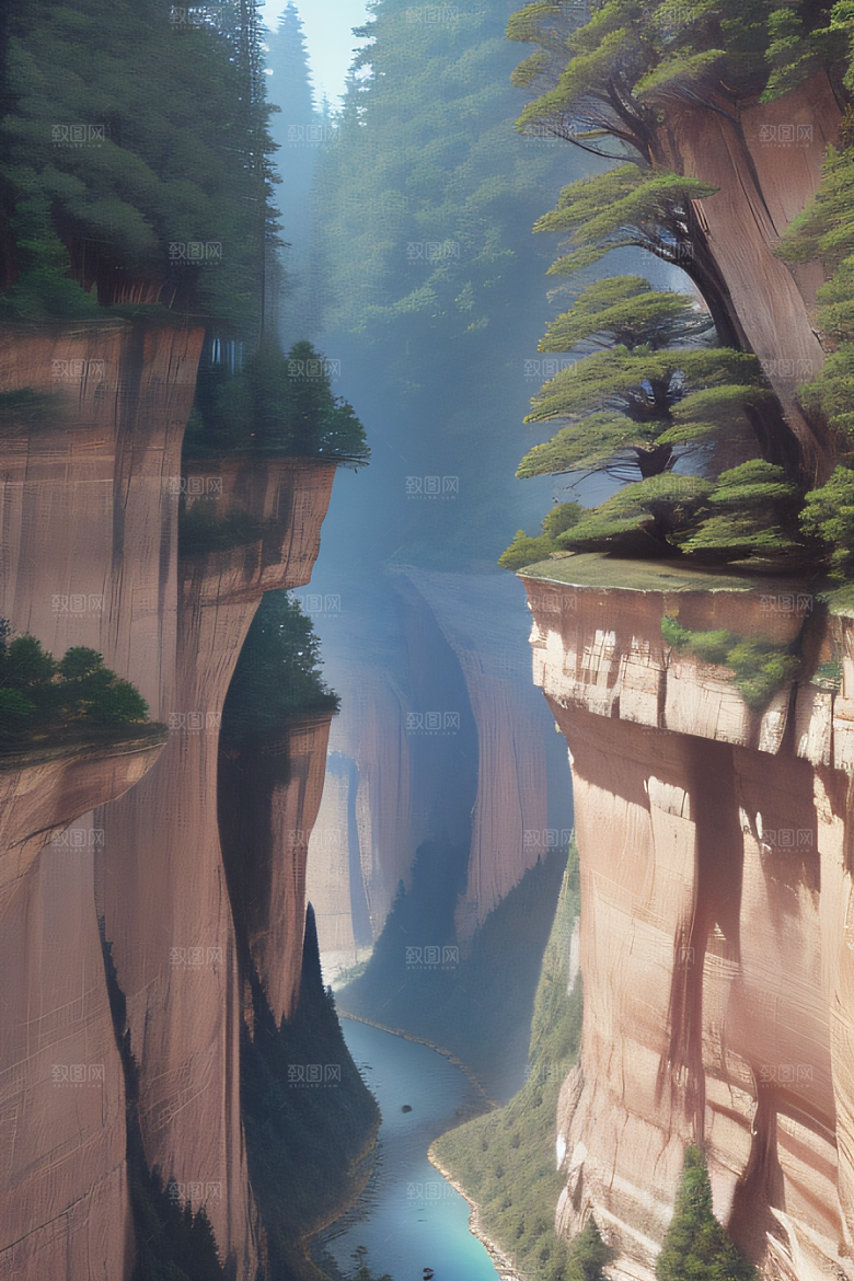 宁静峡谷鸟群翱翔山川树木见证的壮丽景象