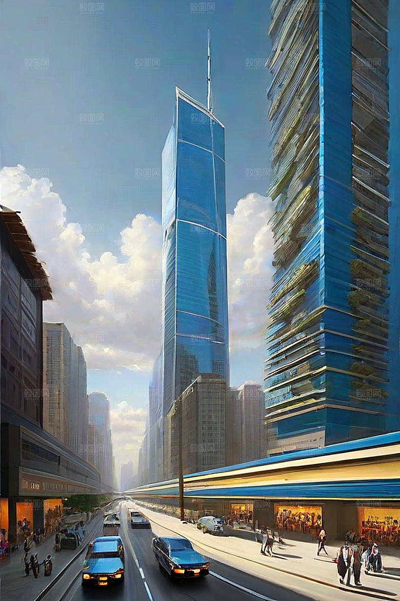 蓝天都市摩天楼与飞机构成的现代风景
