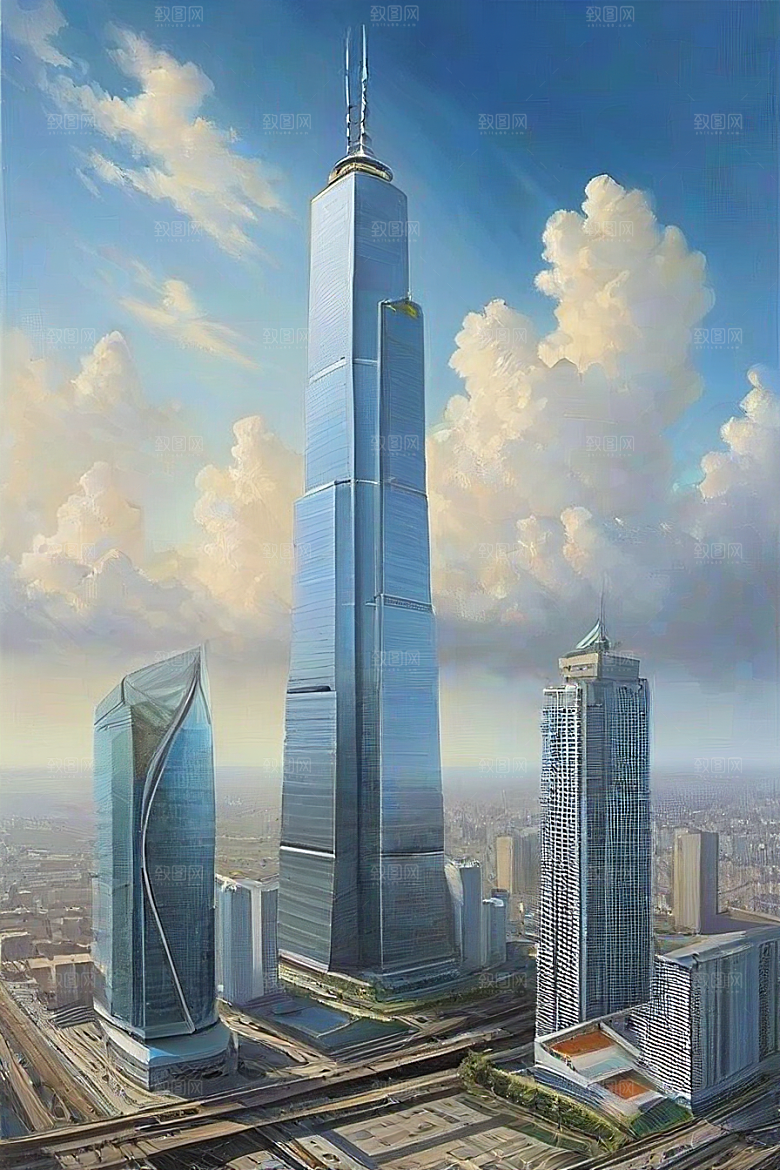 蓝天都市摩天楼与飞机构成的现代风景