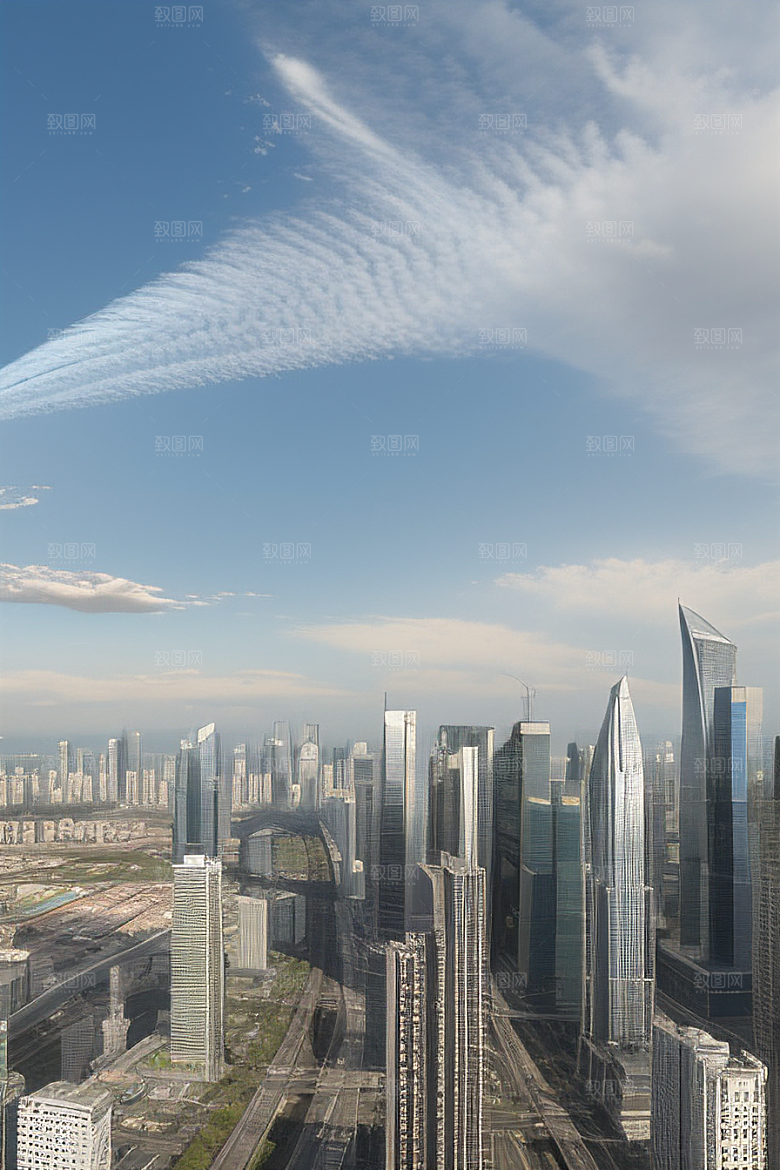 蓝天都市摩天楼与飞机构成的现代风景