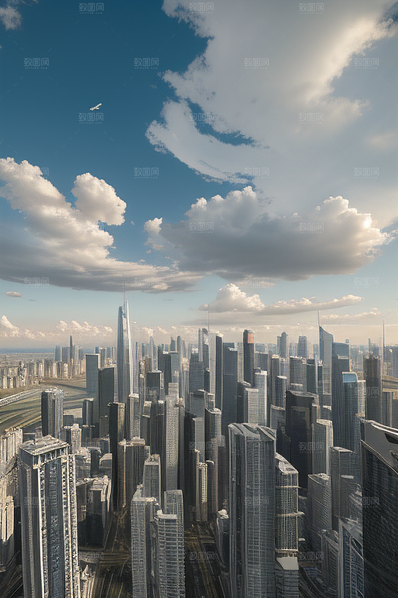 蓝天都市摩天楼与飞机构成的现代风景
