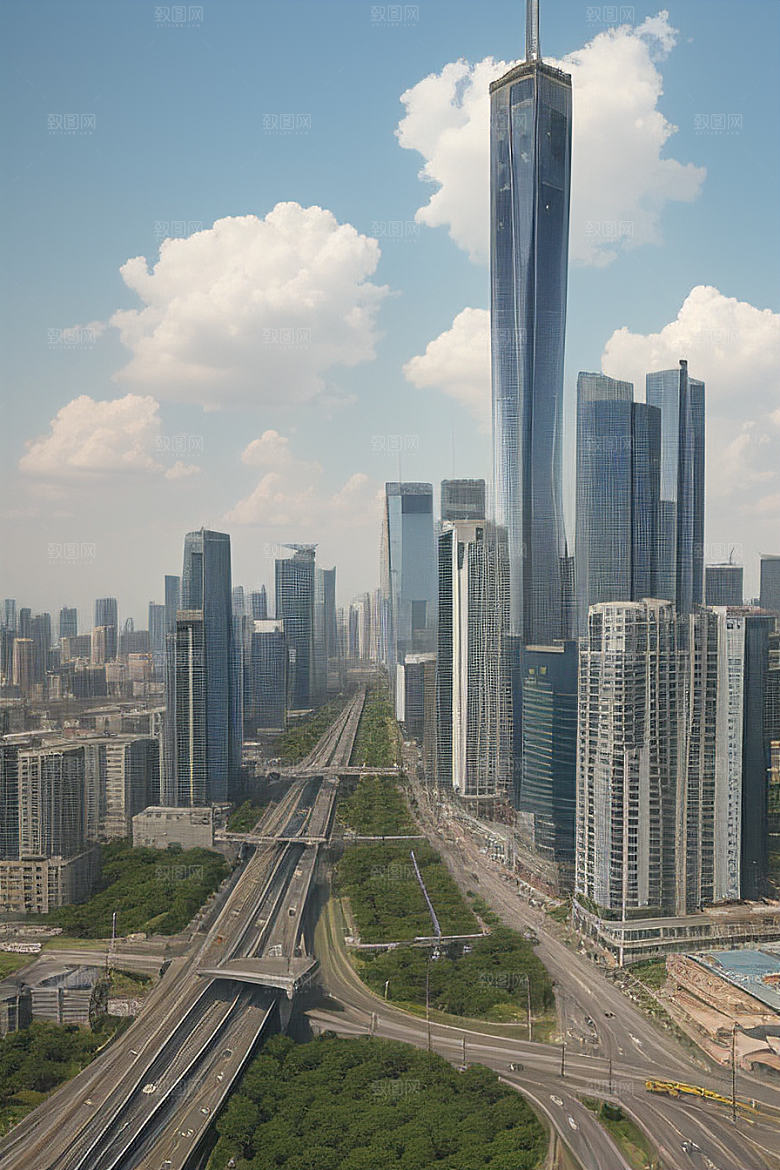 蓝天都市摩天楼与飞机构成的现代风景