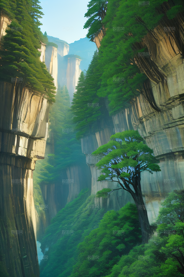 宁静峡谷鸟群翱翔山川树木见证的壮丽景象