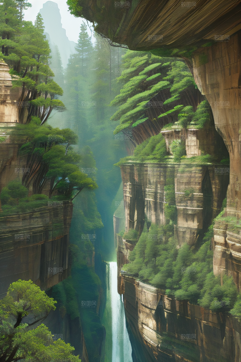 宁静峡谷鸟群翱翔山川树木见证的壮丽景象