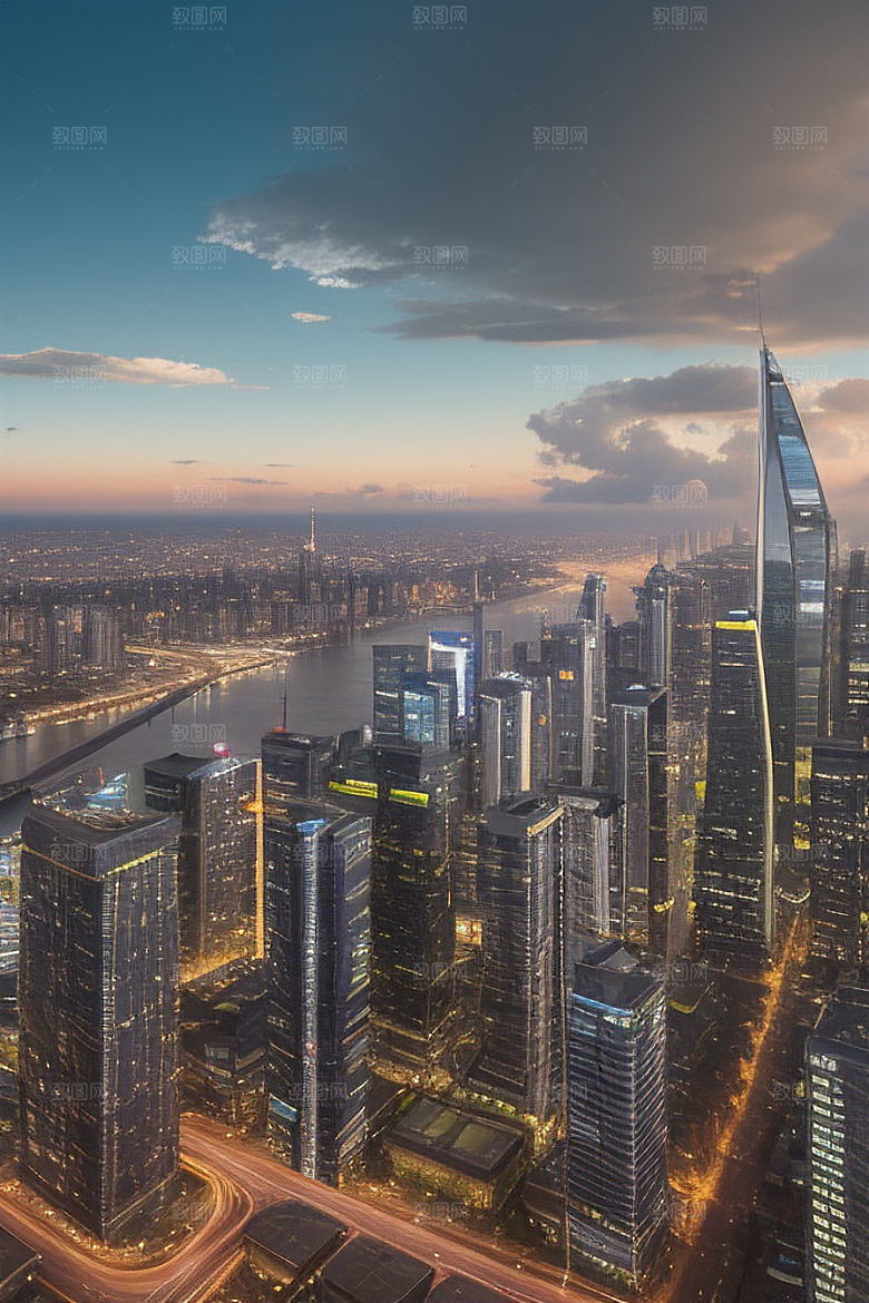 蓝天都市摩天楼与飞机构成的现代风景