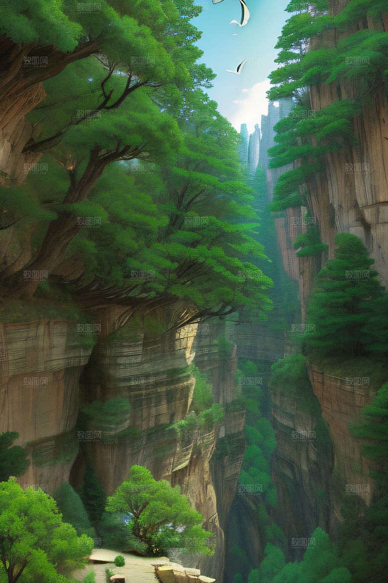 宁静峡谷鸟群翱翔山川树木见证的壮丽景象