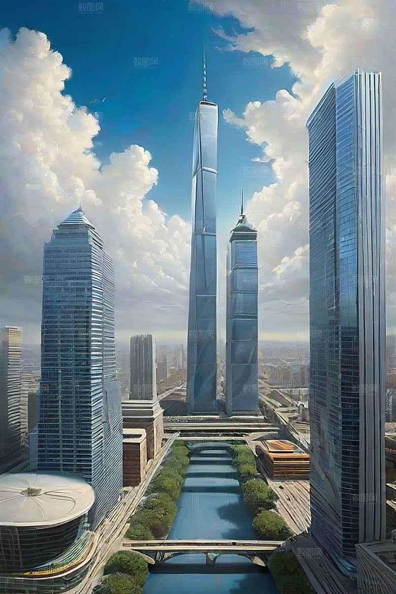 蓝天都市摩天楼与飞机构成的现代风景