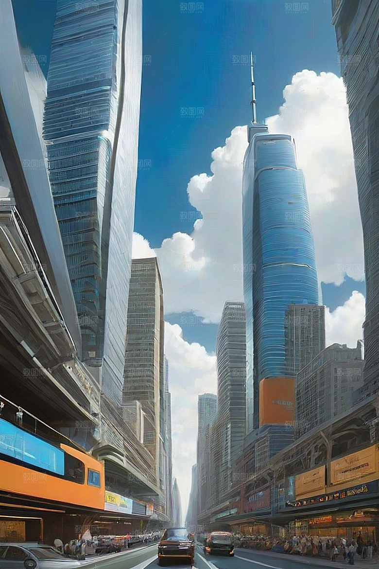 蓝天都市摩天楼与飞机构成的现代风景