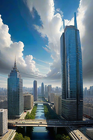 蓝天都市摩天楼与飞机构成的现代风景