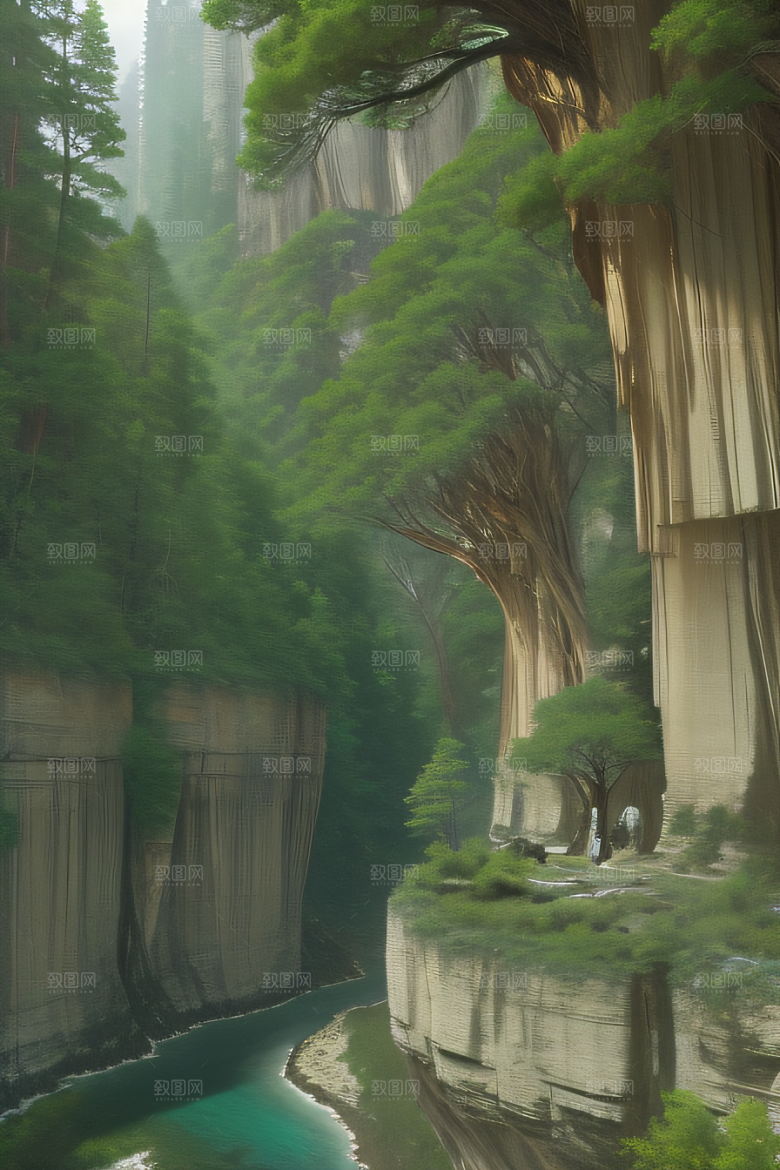 鸟翔峡谷山石林立树木掩映的宁静景观