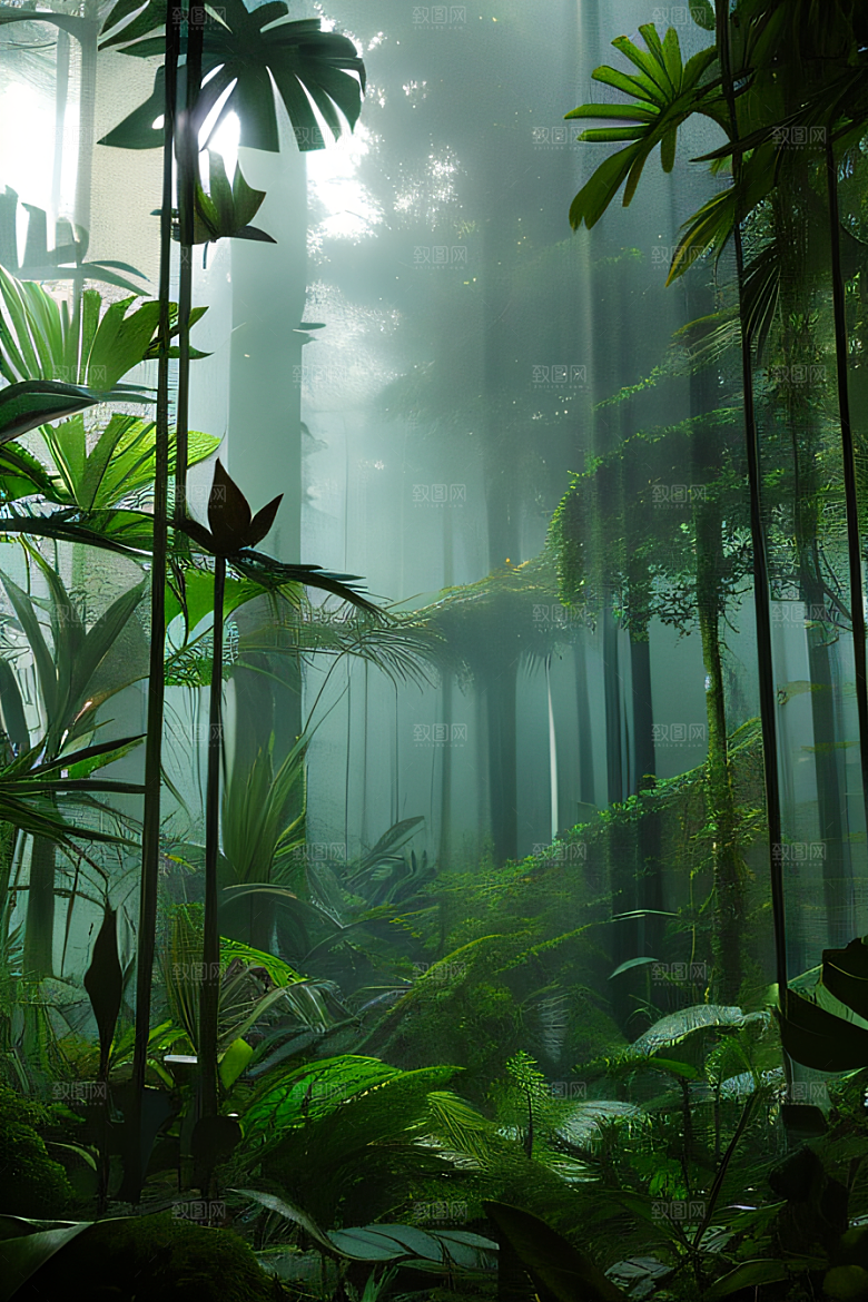 多样的植物形状近距离的阔叶森林美景