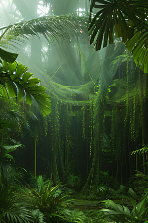 透明的热带雨林真实的光源照亮远方