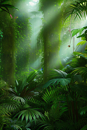 透明的热带雨林真实的光源照亮远方