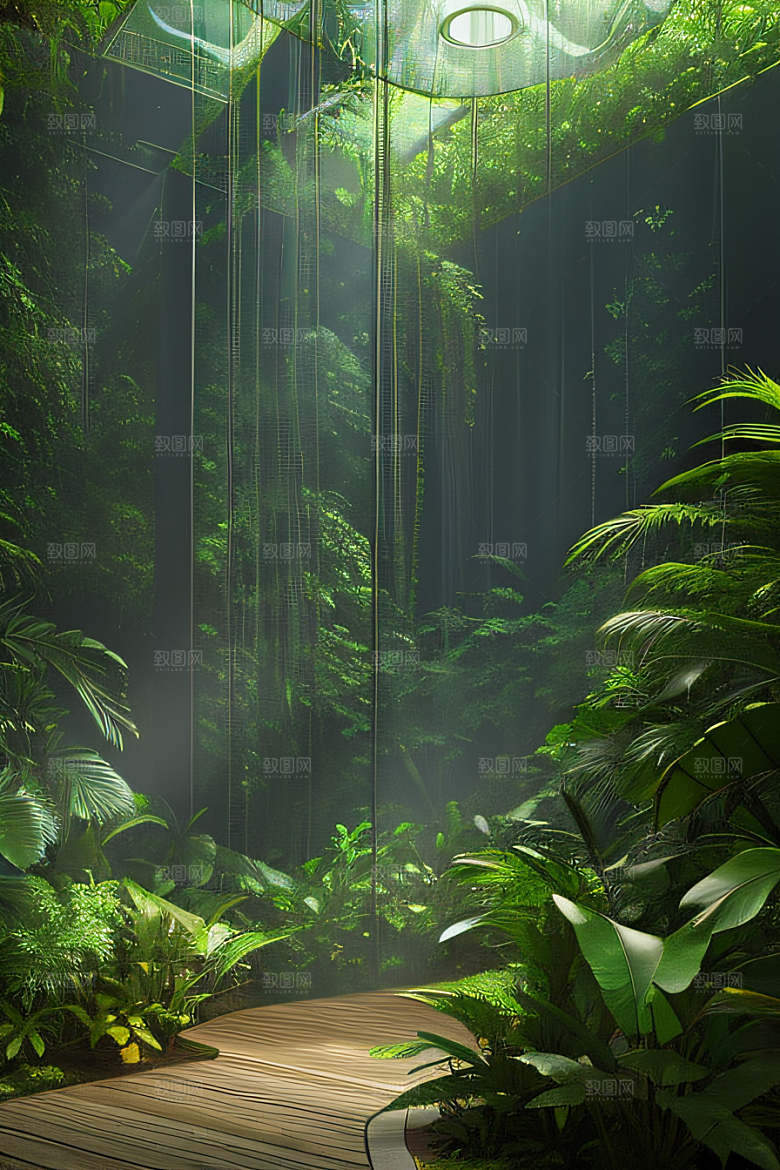 透明的热带雨林真实的光源照亮远处