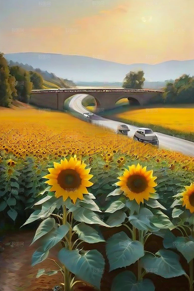 和谐色彩太阳花与高速公路的画面