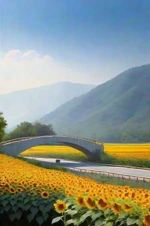 和谐色彩太阳花与高速公路的画面