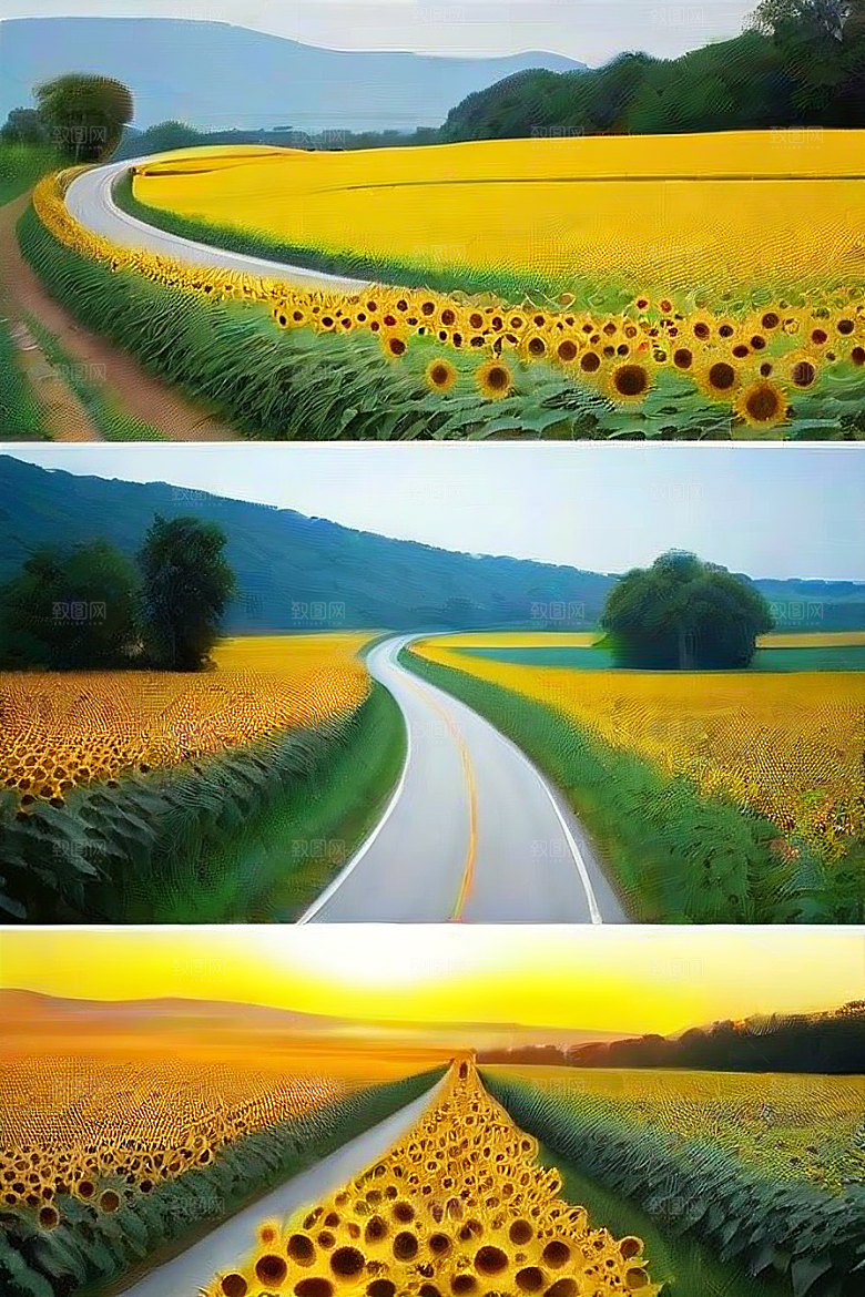 和谐色彩太阳花与高速公路的画面