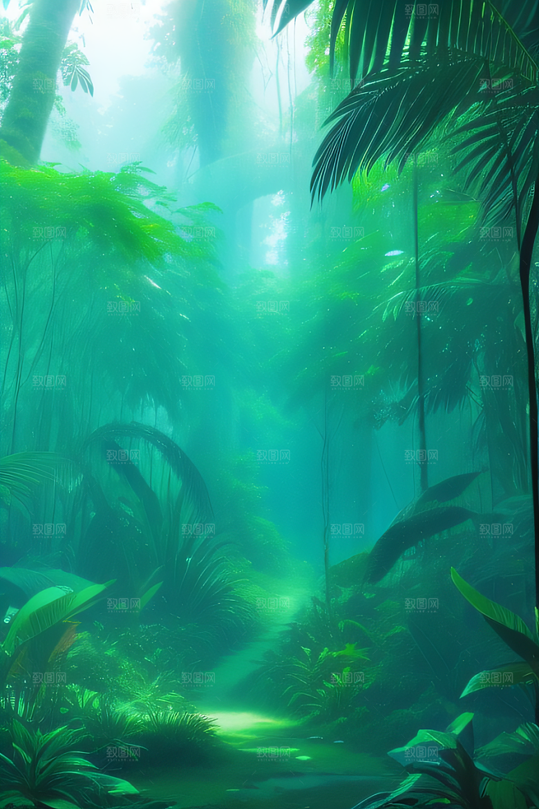 透明的热带雨林真实的光源照亮远方美景