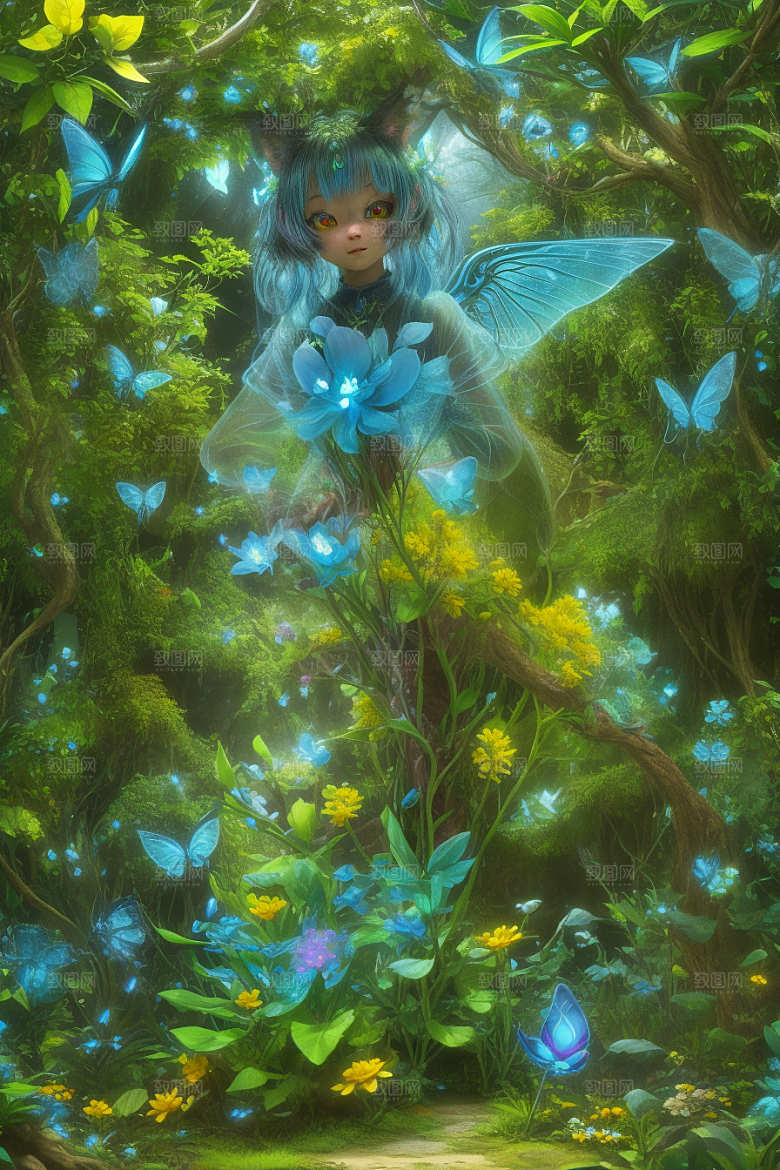 真实奇幻多彩森林中的小精灵