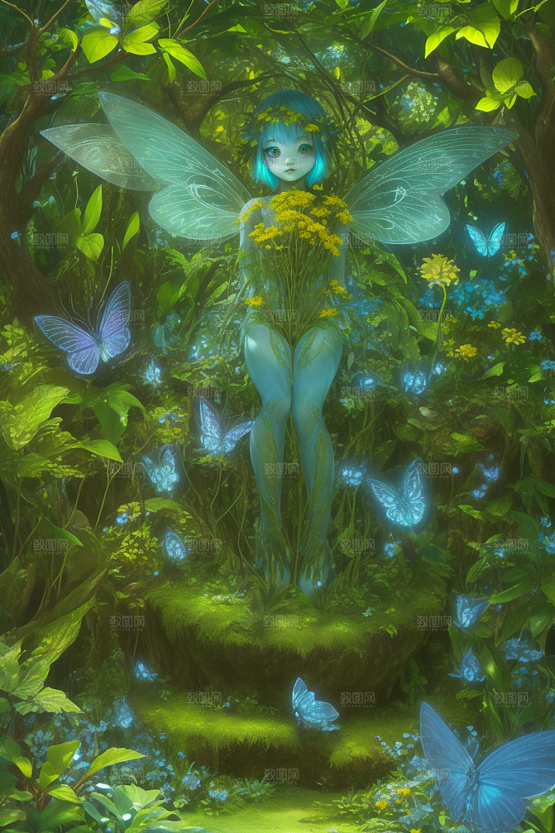 真实奇幻多彩森林中的小精灵