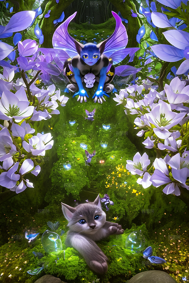 魔法微光黄蓝微小发光花朵环绕草地