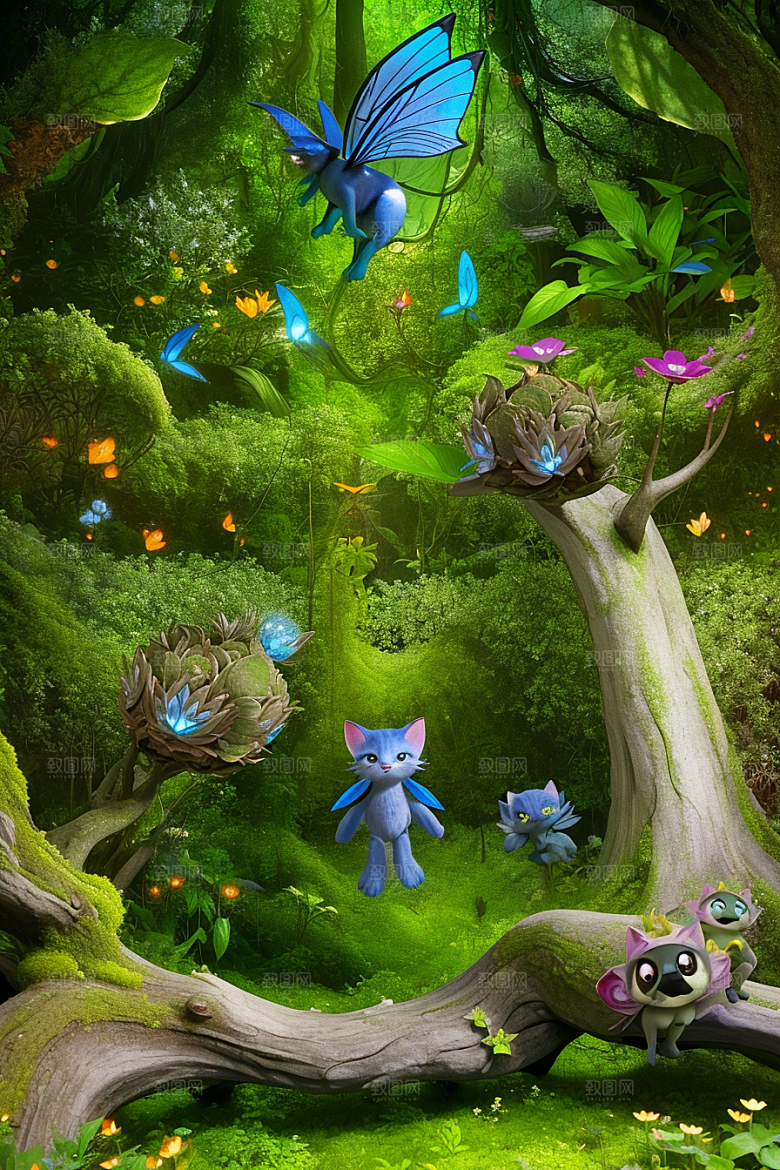 魔法微光黄蓝微小发光花朵环绕草地