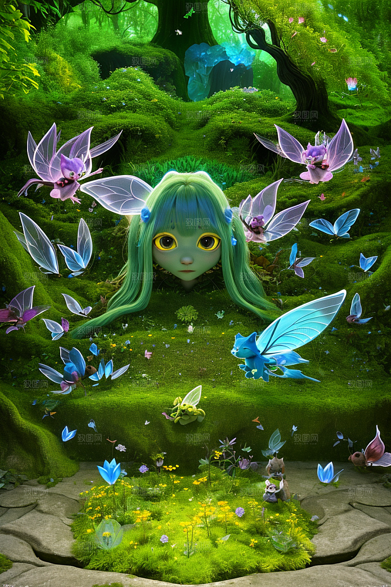 奇幻森林中的小精灵与花朵