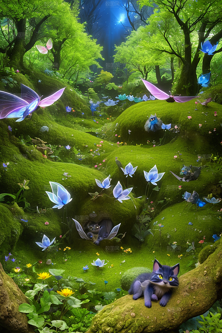 奇幻森林中的小精灵与花朵